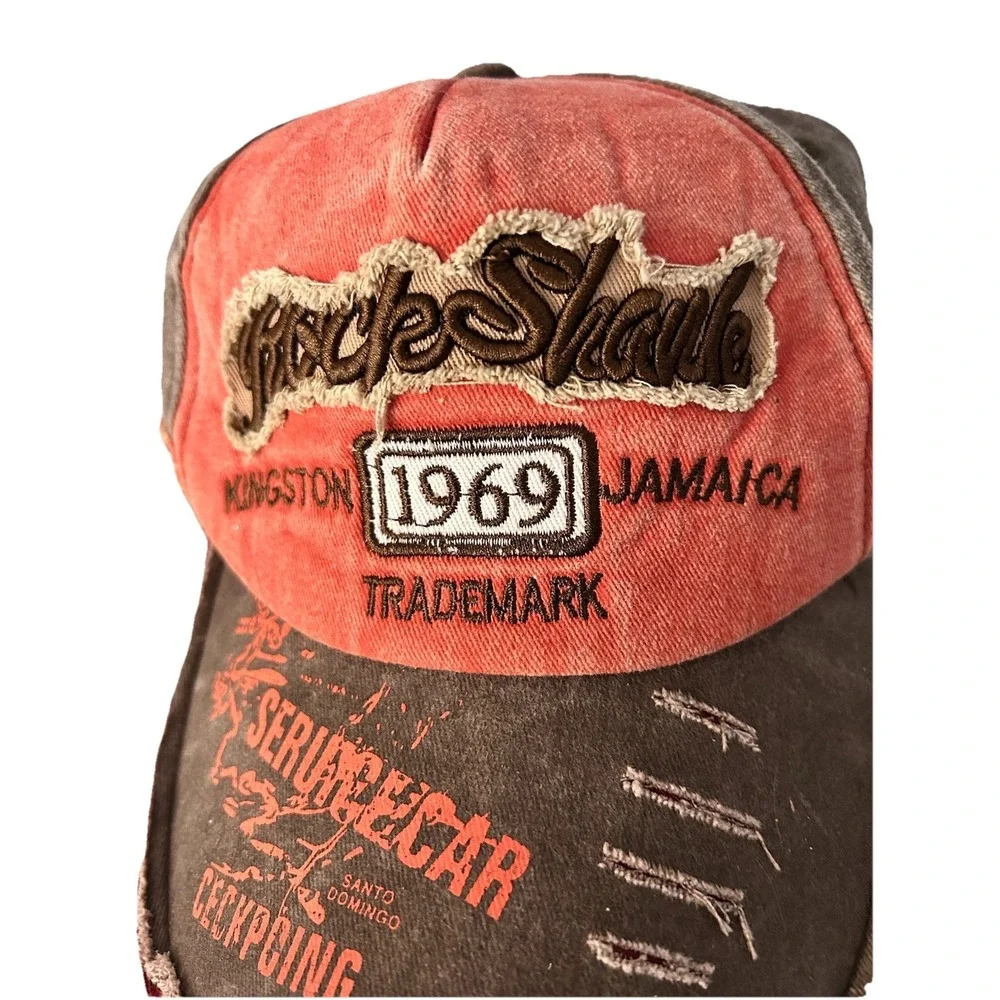 Rock Shark Baseball Hat One Size Distressed Rust Red With‎ Brown Y2K Casual Dad